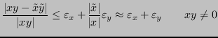 $\displaystyle \frac{\lvert x y - \tilde{x}\tilde{y} \rvert}{\lvert xy \rvert} \...
...}{\abs{x}} \varepsilon_y \approx \varepsilon_x + \varepsilon_y \qquad xy \ne 0 $