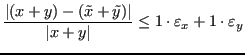 $\displaystyle \frac{\lvert (x +y) - (\tilde{x} +\tilde{y}) \rvert }{{\lvert x + y \rvert}} \le 1 \cdot \varepsilon_x + 1 \cdot \varepsilon_y $