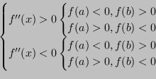 \begin{displaymath}
\begin{cases}
f''(x) > 0 \begin{cases}f(a) < 0, f(b) > 0 \\ ...
...) < 0, f(b) > 0 \\ f(a) > 0, f(b) < 0 \\ \end{cases}\end{cases}\end{displaymath}